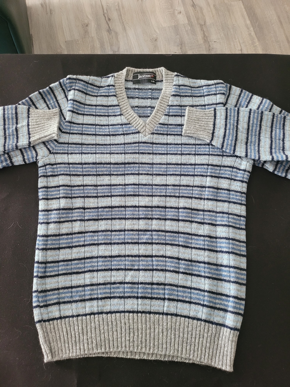 Jantzen Men’s Light Blue, Navy & Gray Striped V-Neck Sweater